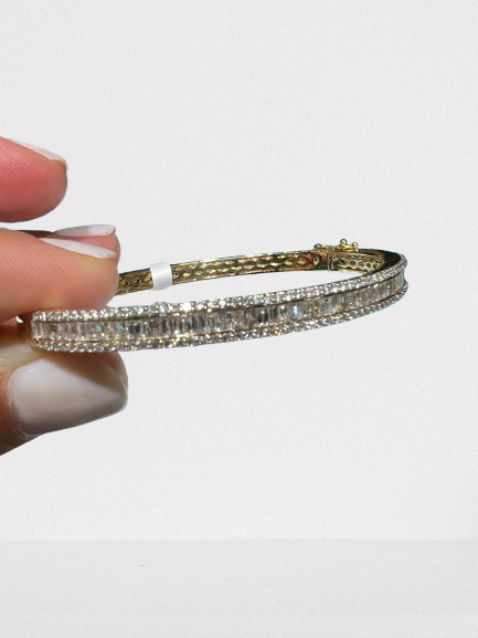 14K Channel Set Baguette and Round Diamond Bangle