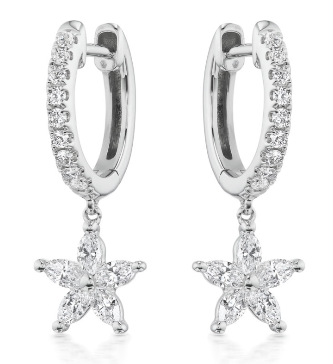 18K WHITE GOLD DIAMOND HOOPS WITH STAR DROPS
