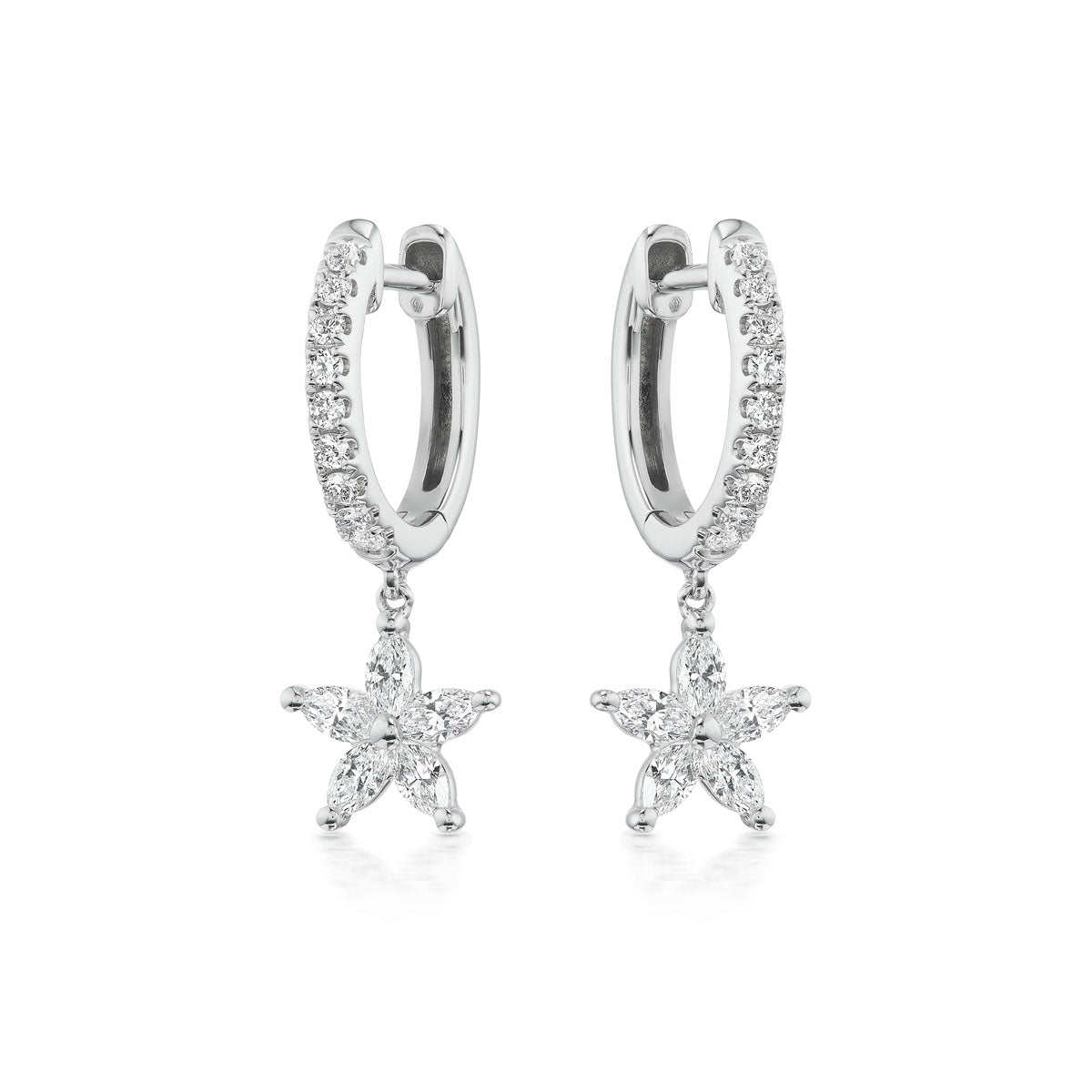 18K WHITE GOLD DIAMOND HUGGIES WITH STAR DROPS