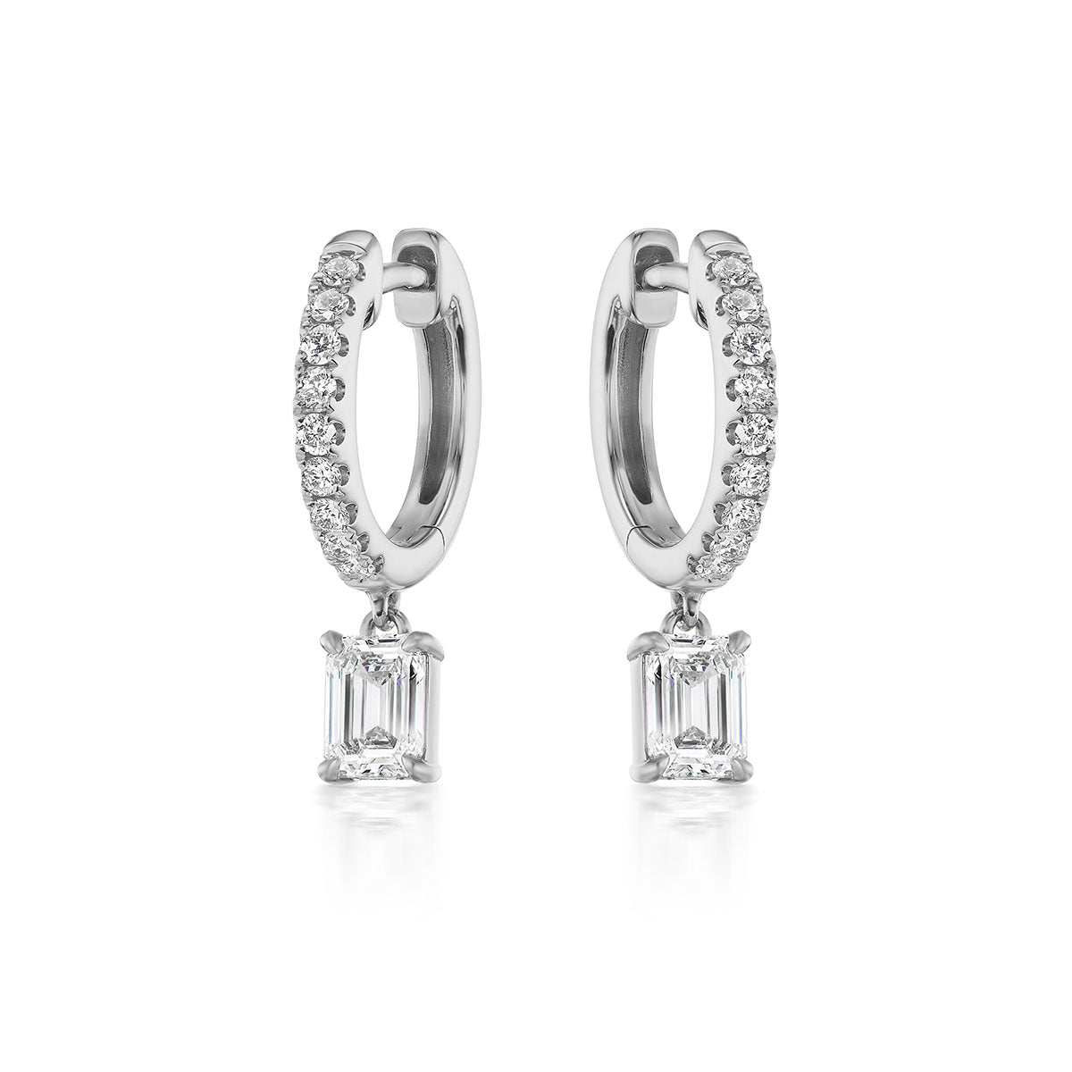 18K WHITE GOLD DIAMOND HUGGIES WITH EMERALD CUT DROPS