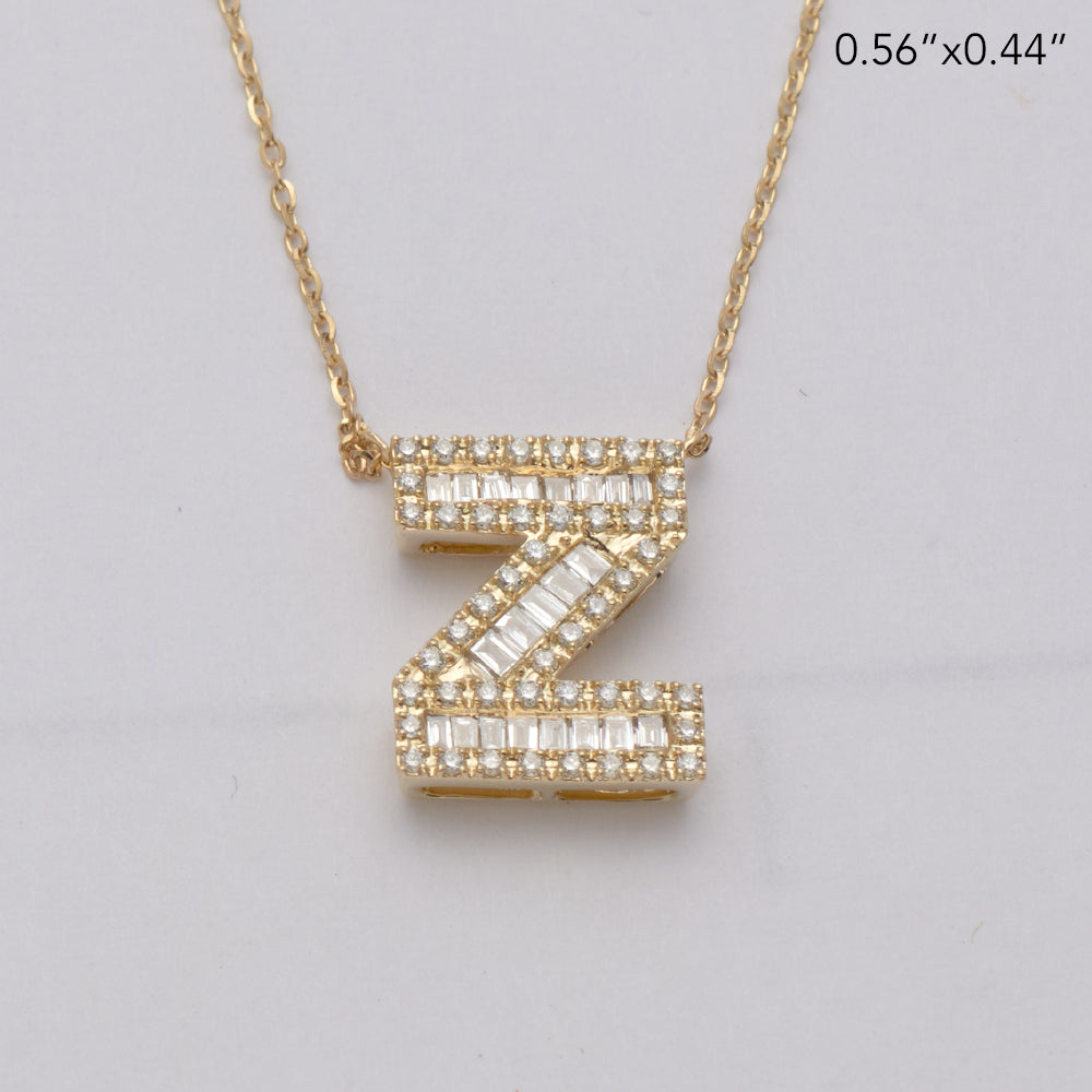 14K GOLD BAGUETTE AND PAVE DIAMOND INITIAL NECKLACE