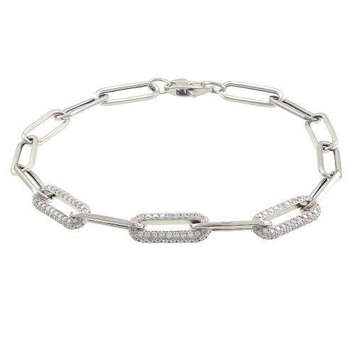 14K WHITE GOLD PAPERCLIP BRACELET WITH 3 DIAMOND LINKS