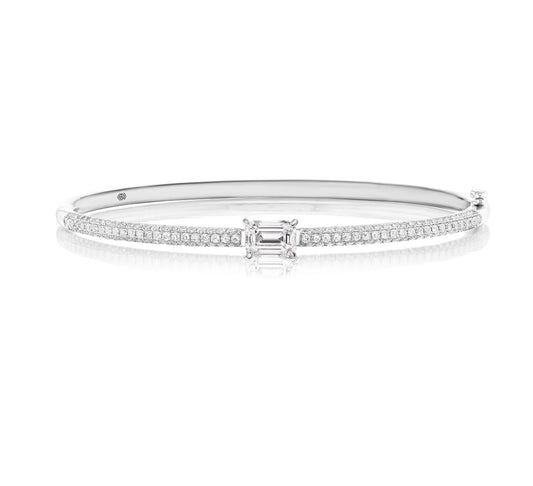 18K WHITE GOLD PAVE BANGLE WITH EMERALD CUT CENTER STONE