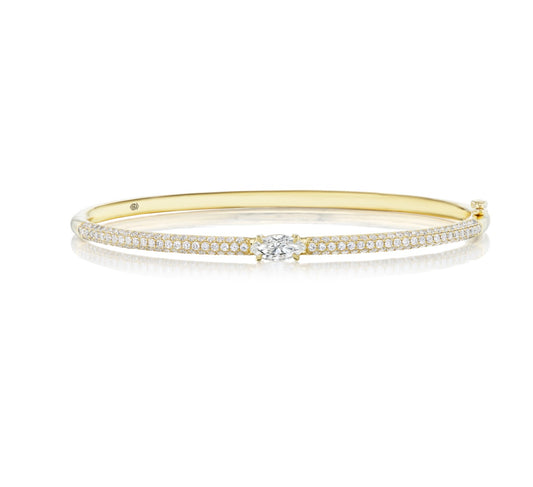 18K YELLOW GOLD PAVE BANGLE WITH MARQUISE CUT CENTER STONE