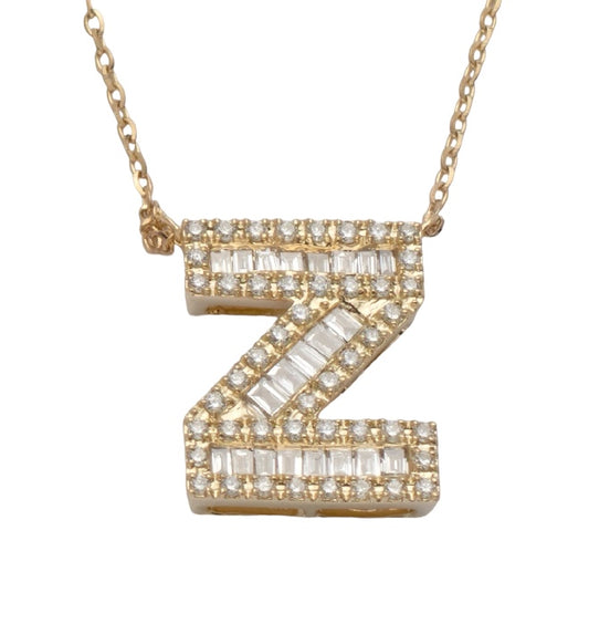 14K GOLD BAGUETTE AND PAVE DIAMOND INITIAL NECKLACE