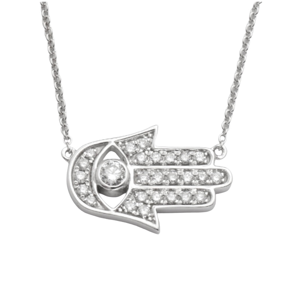 14K WHITE GOLD DIAMOND EVIL EYE - HAMSA NECKLACE