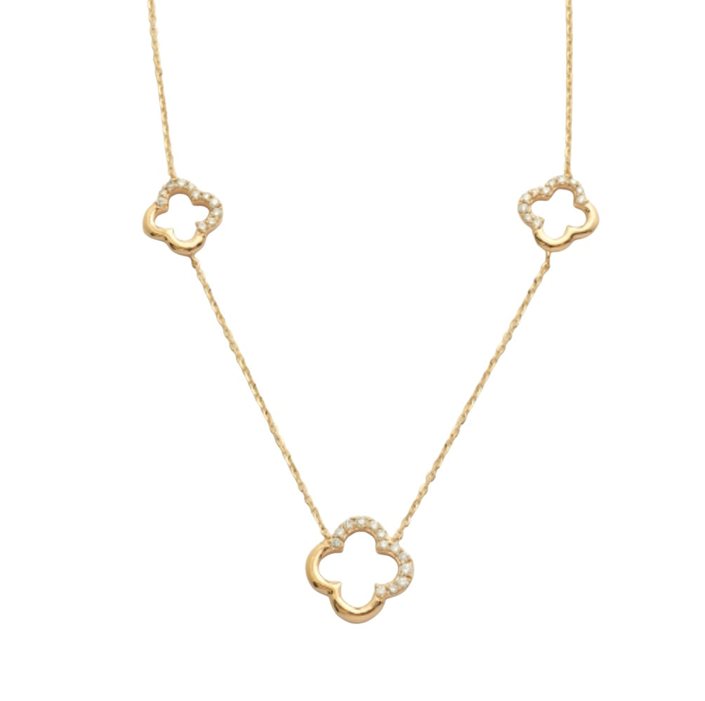 14K YELLOW GOLD OPEN 4-LEAF CLOVER DIAMOND NECKLACE