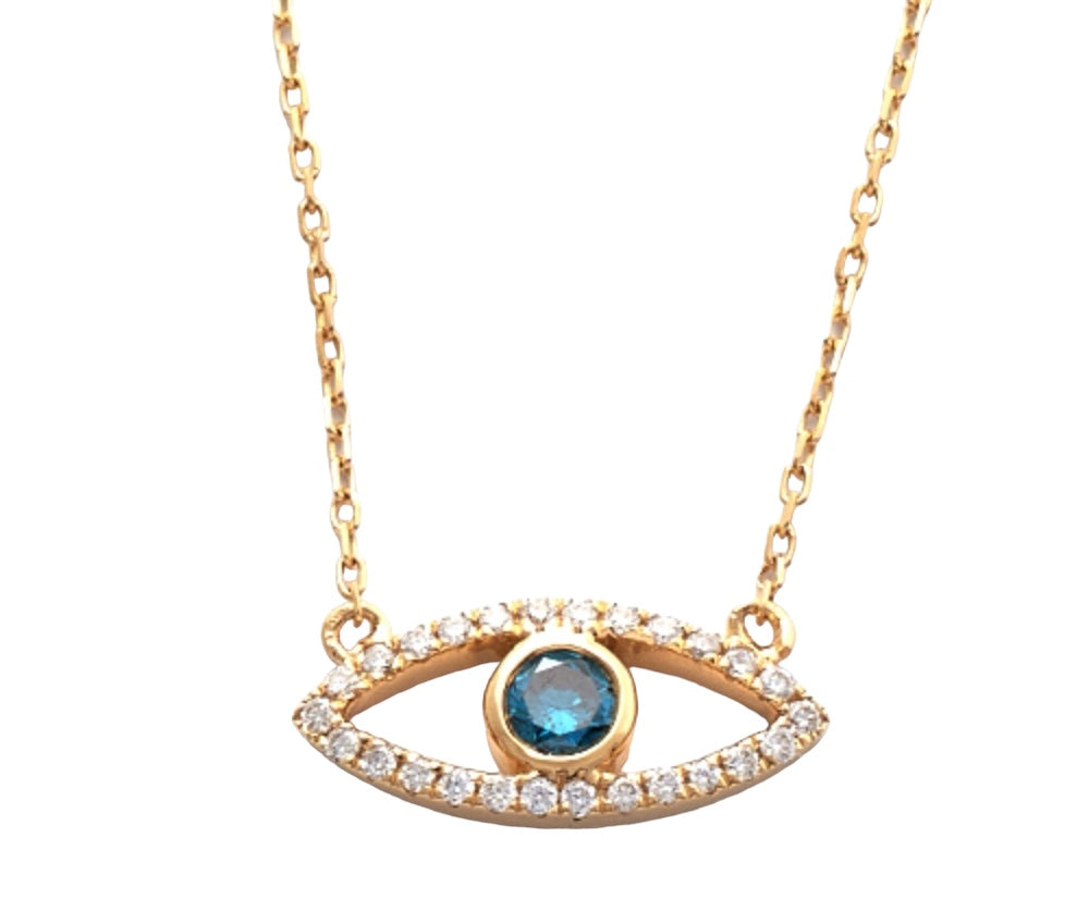 14K YELLOW GOLD BLUE AND WHITE DIAMOND EVIL EYE