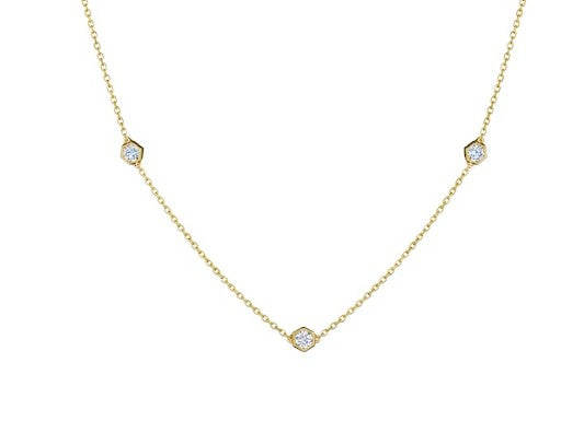 18K YELLOW GOLD 18 INCH HEX SHAPE BEZEL SET 3 DIAMOND CHAIN