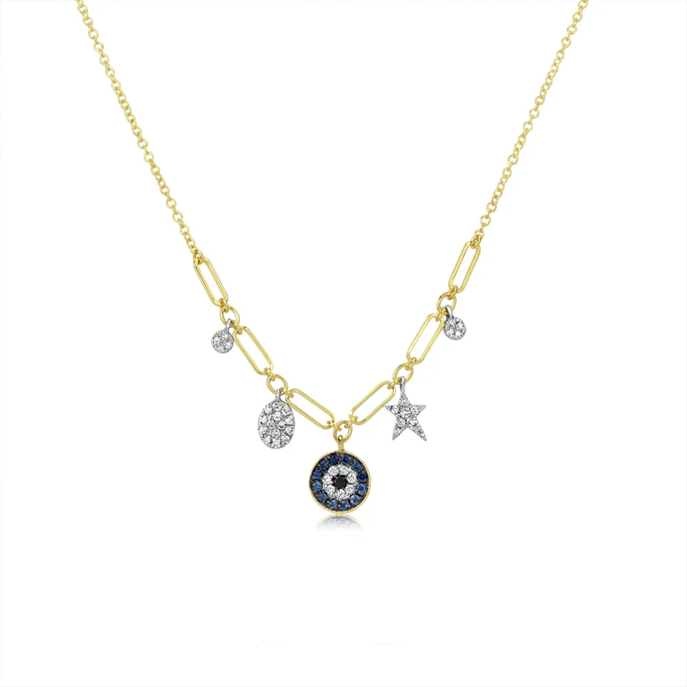 14K YELLOW. GOLD EVIL EYE AND MIXED CHARM DIAMOND NECKLACE