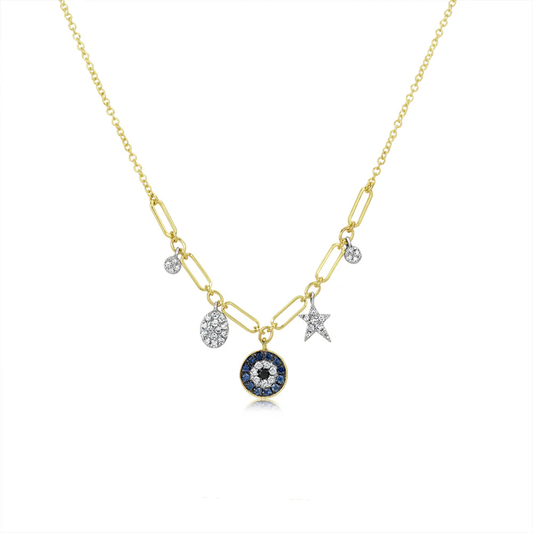 14K YELLOW. GOLD EVIL EYE AND MIXED CHARM DIAMOND NECKLACE