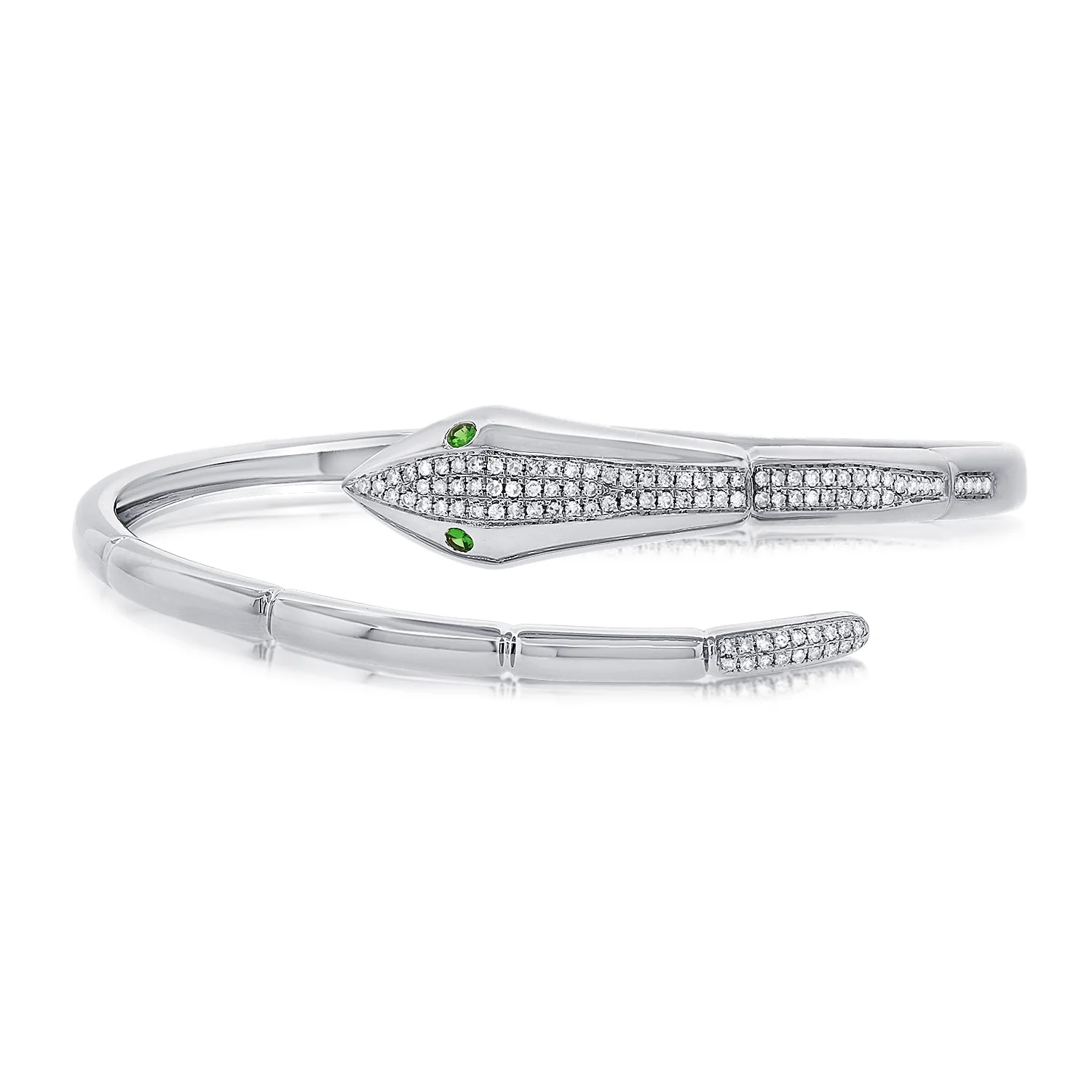 14K WHITE GOLD DIAMOND AND TSAVORITE EYE SNAKE BANGLE – VANA KAUAI