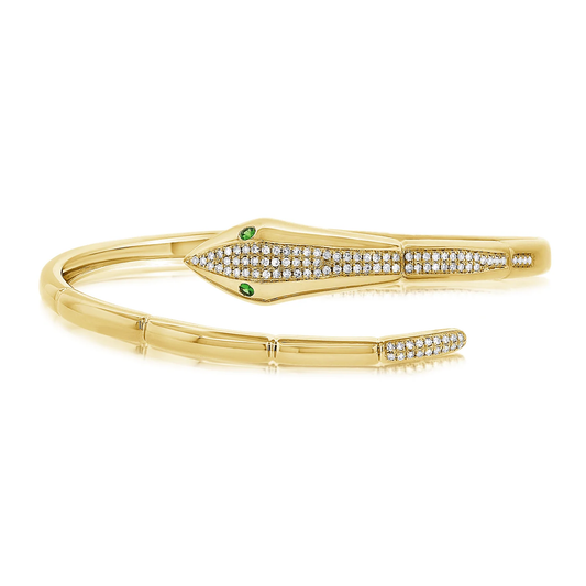 14K GOLD DIAMOND AND TSAVORITE EYE SNAKE BANGLE