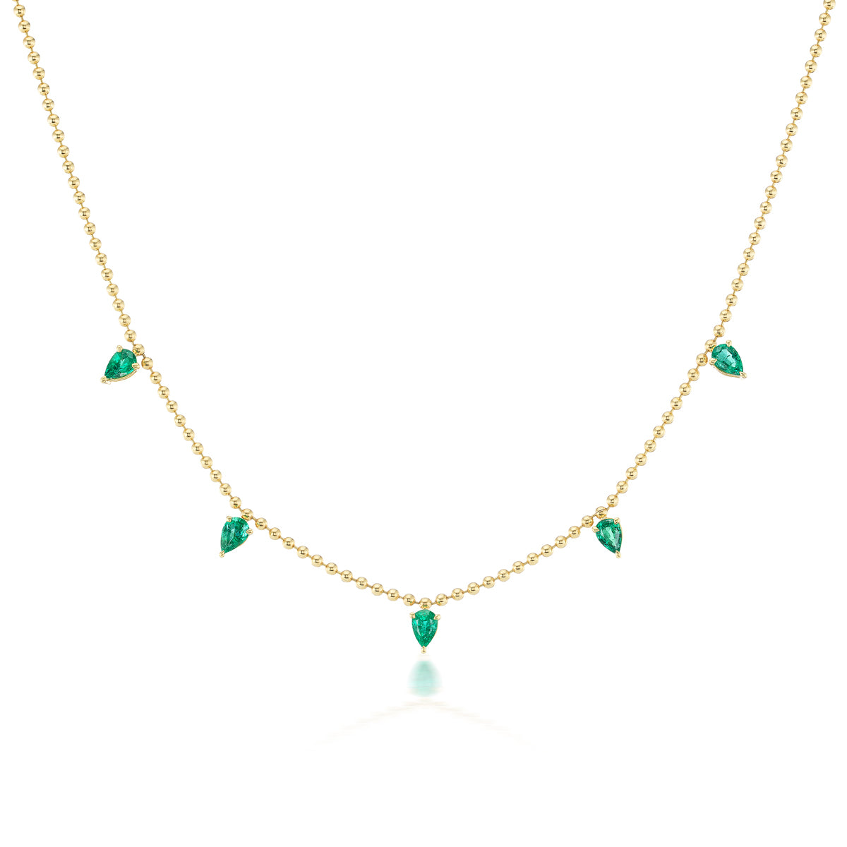 18K YELLOW GOLD AND 5 PEAR SHAPED EMERALDS NECKLACE