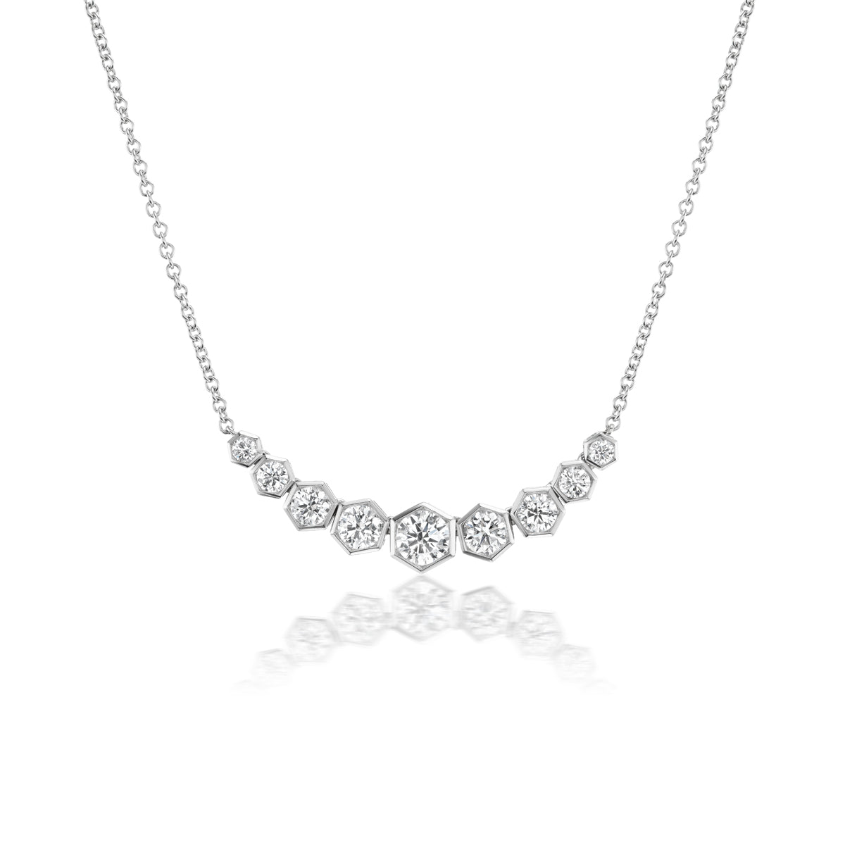 18K WHITE GOLD NECKLACE WITH 9 ROUND DIAMONDS IN HEX BEZEL