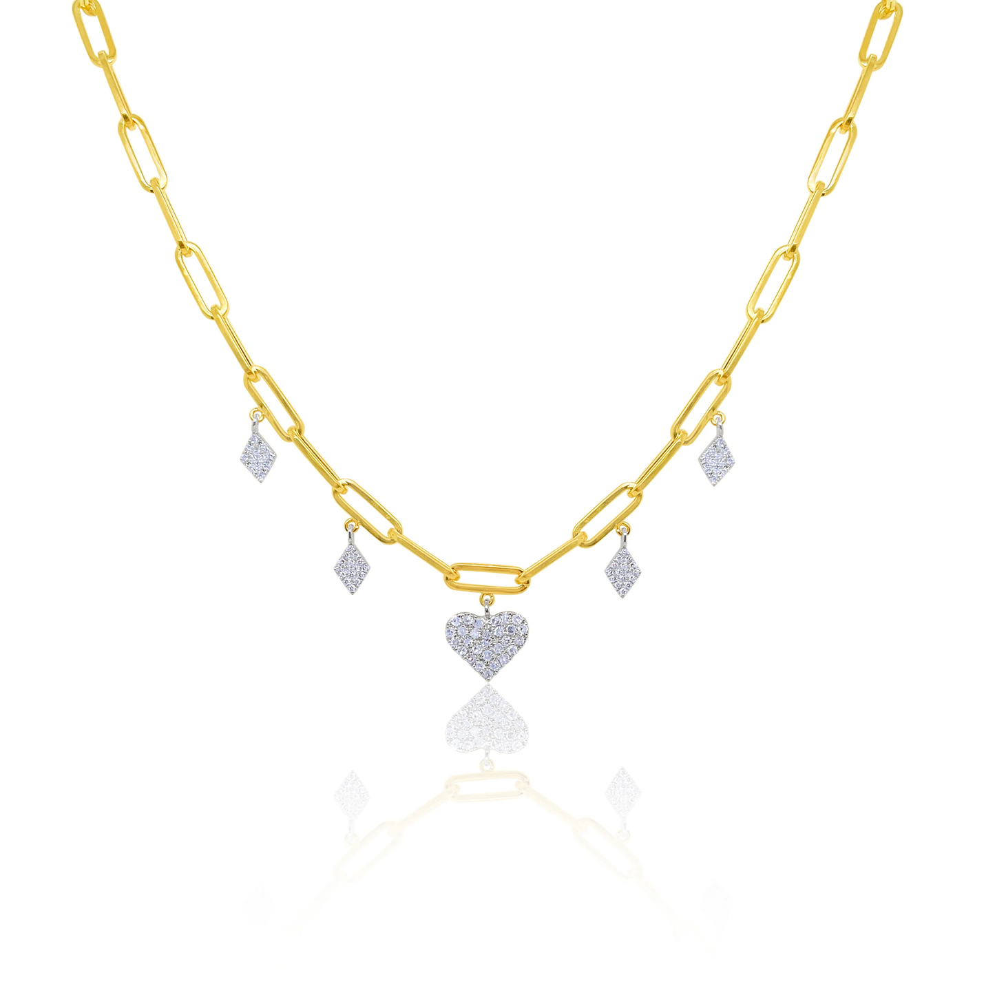 14K YELLOW GOLD PAPERCLIP CHAIN WITH HEART AND SPARKLY DIAMOND CHARMS