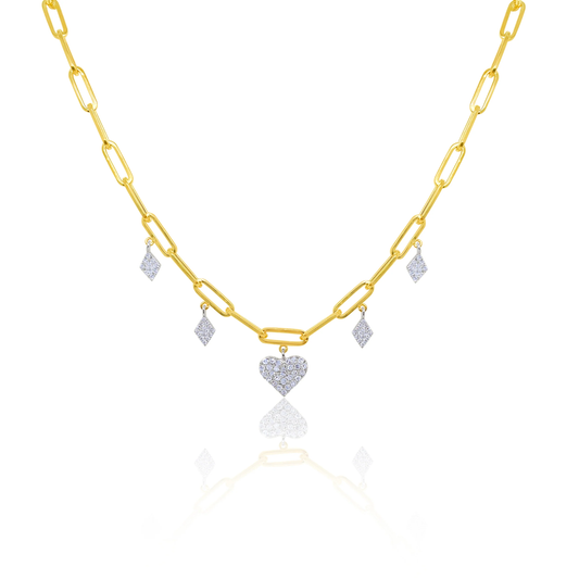 14K YELLOW GOLD PAPERCLIP CHAIN WITH HEART AND SPARKLY DIAMOND CHARMS