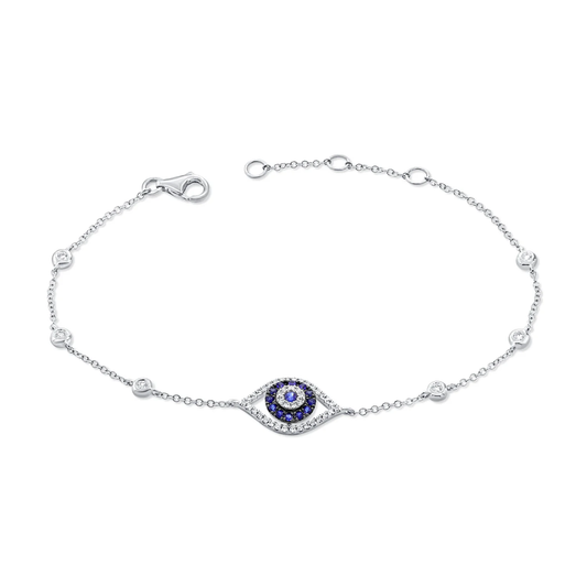 14K GOLD DIAMOND AND BLUE SAPPHIRE EVIL EYE BRACELET