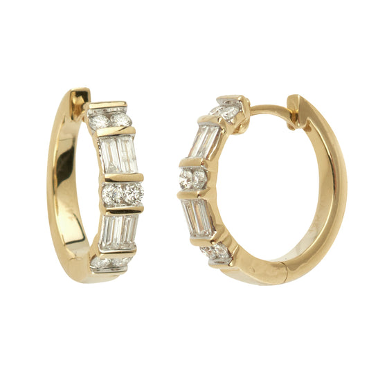 14K Yellow Gold Baguette and Round Diamond Hoop Earrings