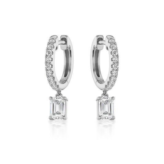 18K WHITE GOLD DIAMOND HUGGIES WITH EMERALD CUT DROPS