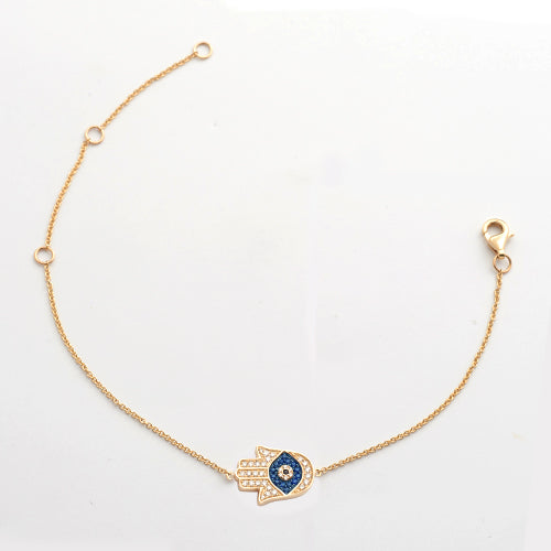 14k YELLOW GOLD HAMZA BRACELET WITH BLUE AND WHITE DIAMONDS